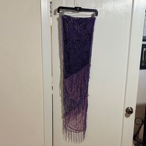 Purple & Black Sheer Lace Scarf with Knotted Fringe & Floral Details